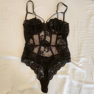 La Senza Bodysuit Sheer Mesh Lace Chocolate Leather Trim G String NWOT Small S